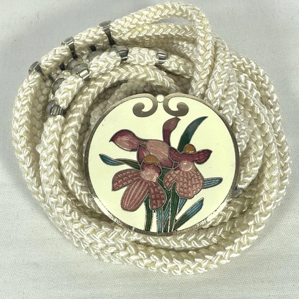 Vintage‎ 80s Cream Braided Rope Belt Orchid Floral Gold Tone Buckle 36